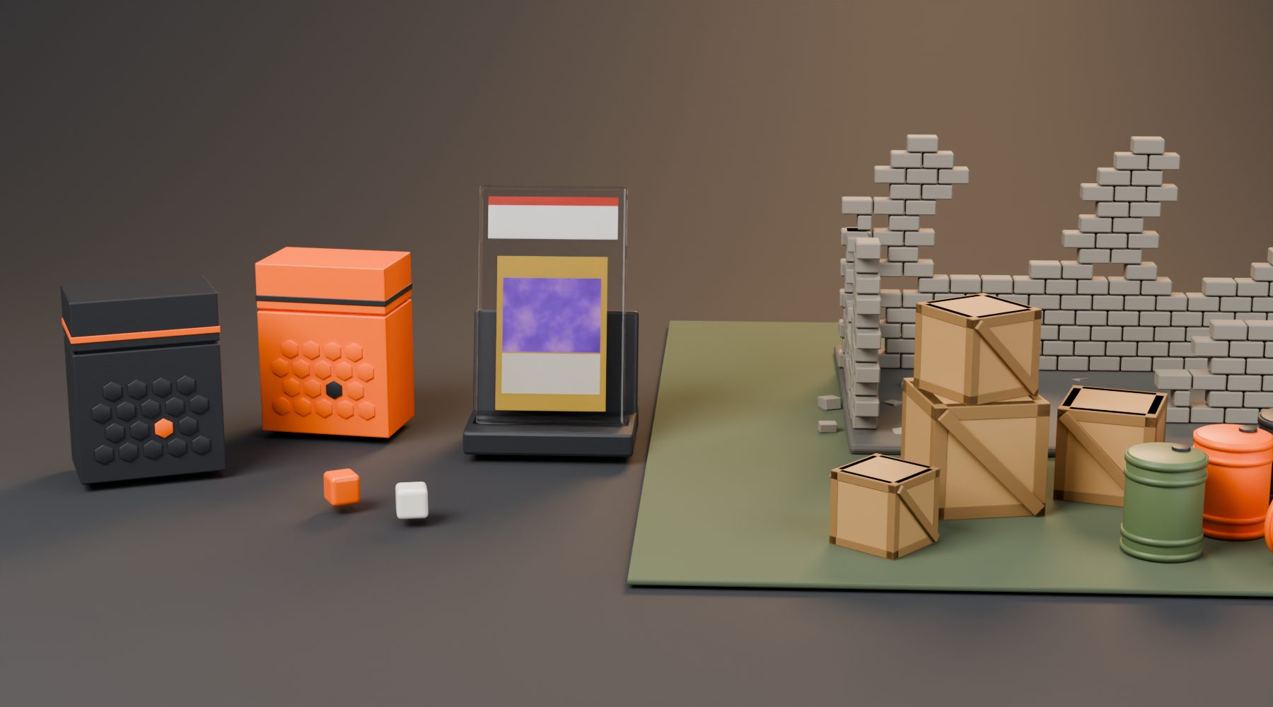3D-printed deck boxes, a graded slab stand and dice beside ruined wall terrain and crates on a gaming mat