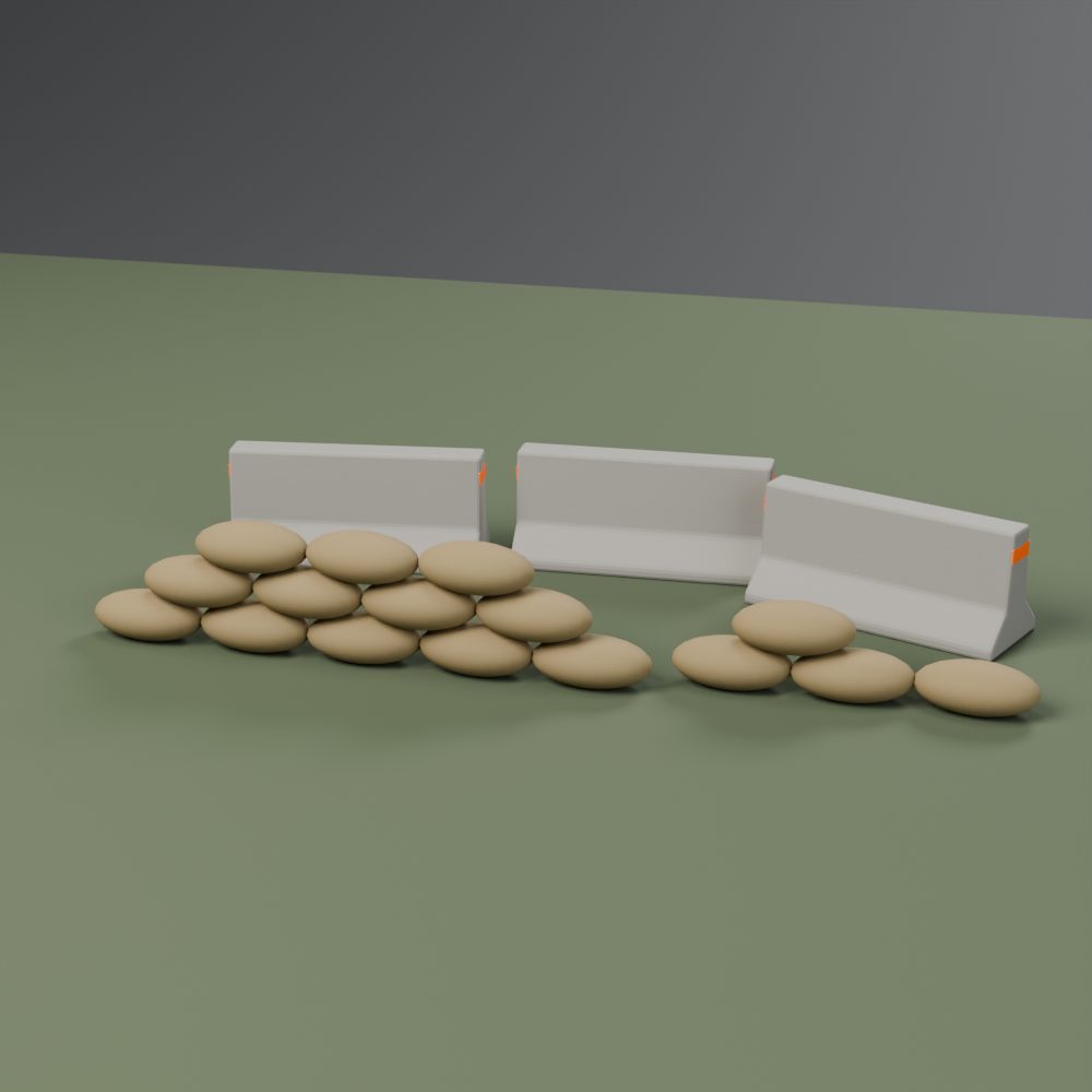 Three grey concrete-style barriers with orange stripes and a stacked sandbag line on a gaming mat