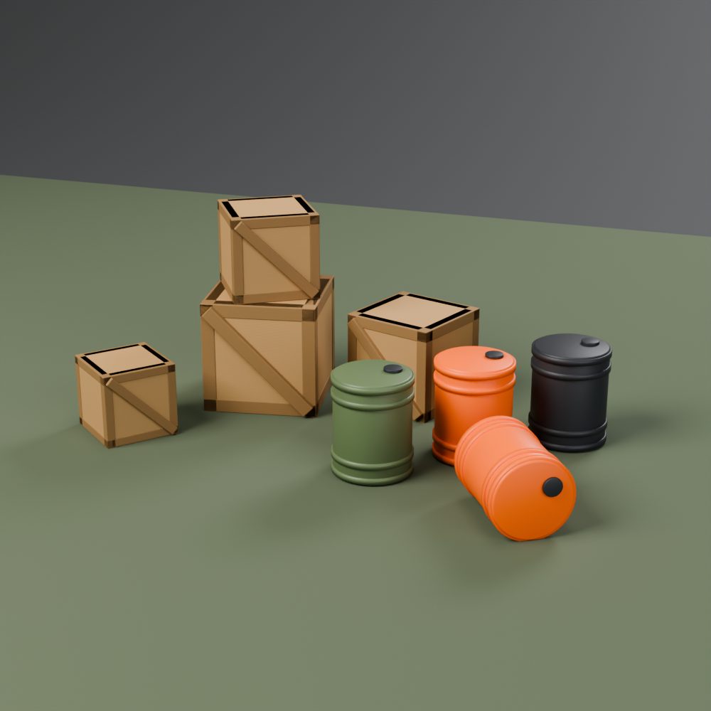 Scatter terrain of wooden-look crates and orange, charcoal and green barrels on a gaming mat