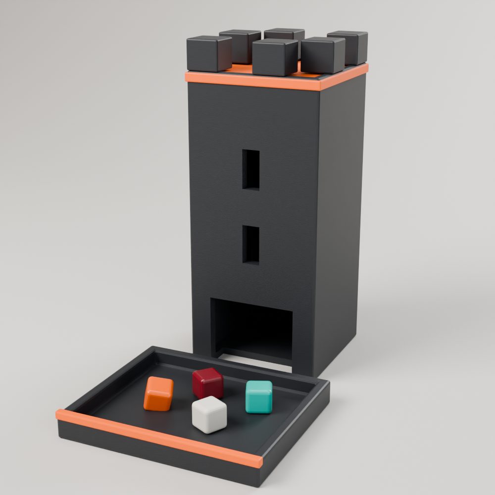 Charcoal castle-style dice tower with an orange trim band and a tray holding colorful dice