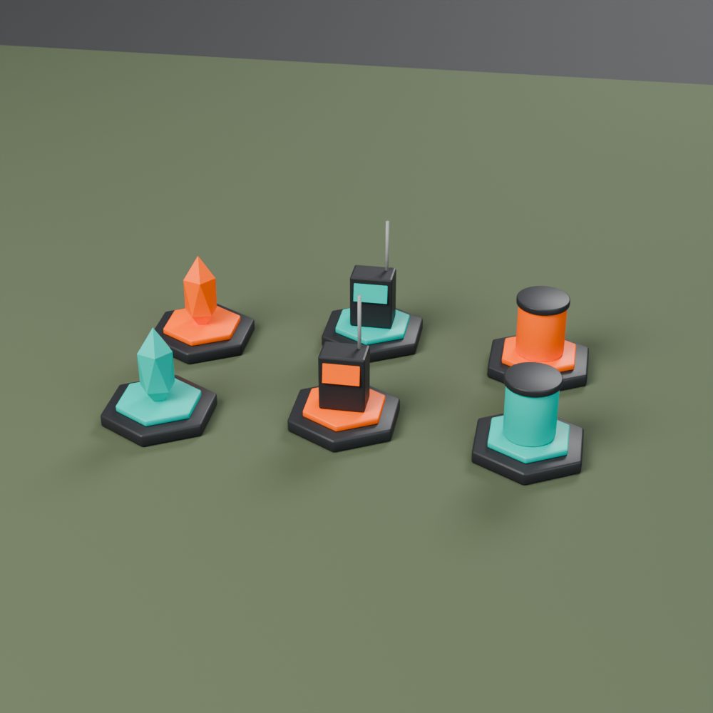 Six hex-based objective markers in charcoal with orange and teal crystals, terminals and canisters