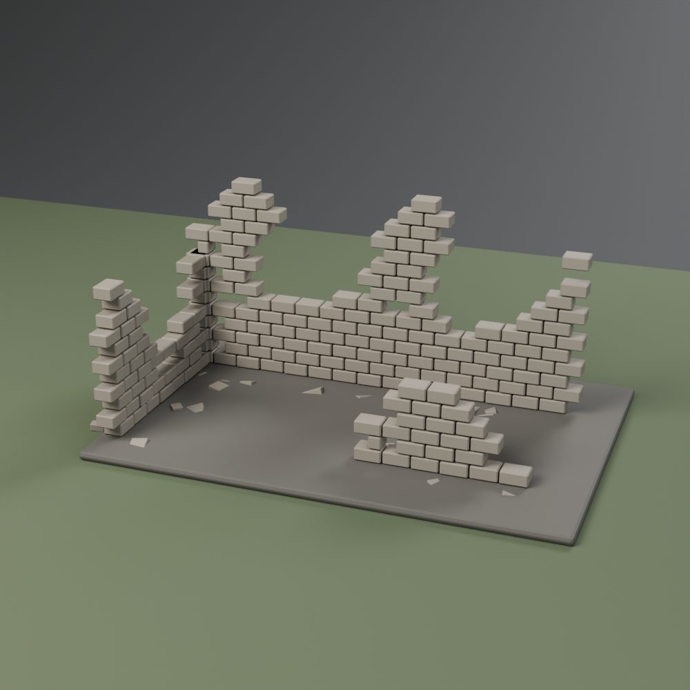 Ruined wall terrain on a gaming mat
