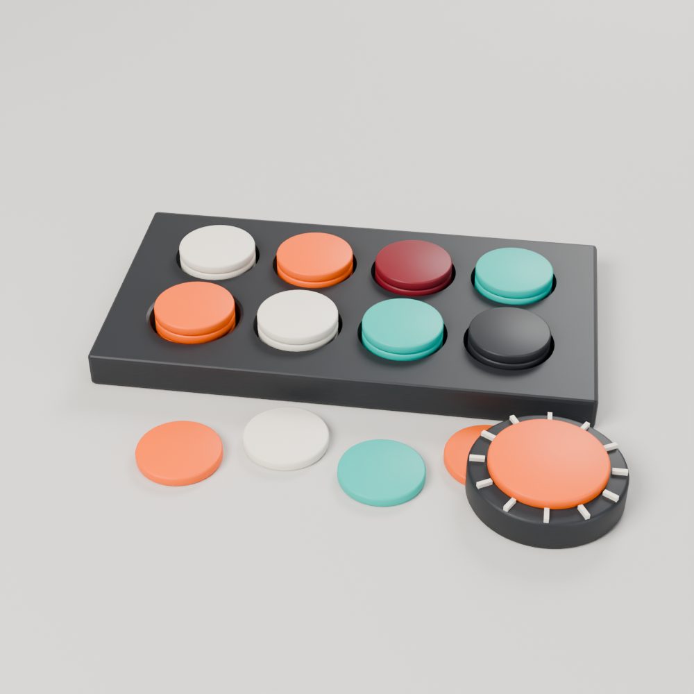 Charcoal tray of stacked tokens in orange, bone and teal beside a counter dial