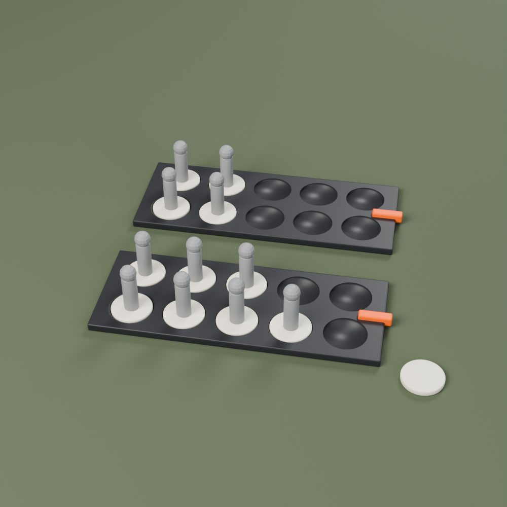 Two charcoal movement trays with round sockets holding grey miniature stand-ins